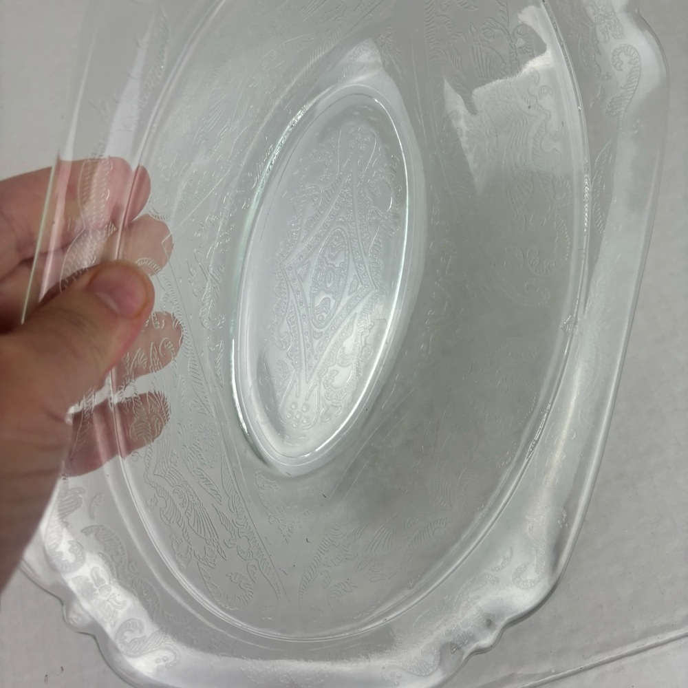 Vintage Depression Glass oval pale-yellow serving bowl scroll designs
